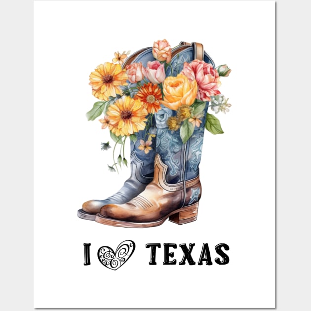 I Love Texas Boho Cowboy Boots Watercolor Art Wall Art by AdrianaHolmesArt